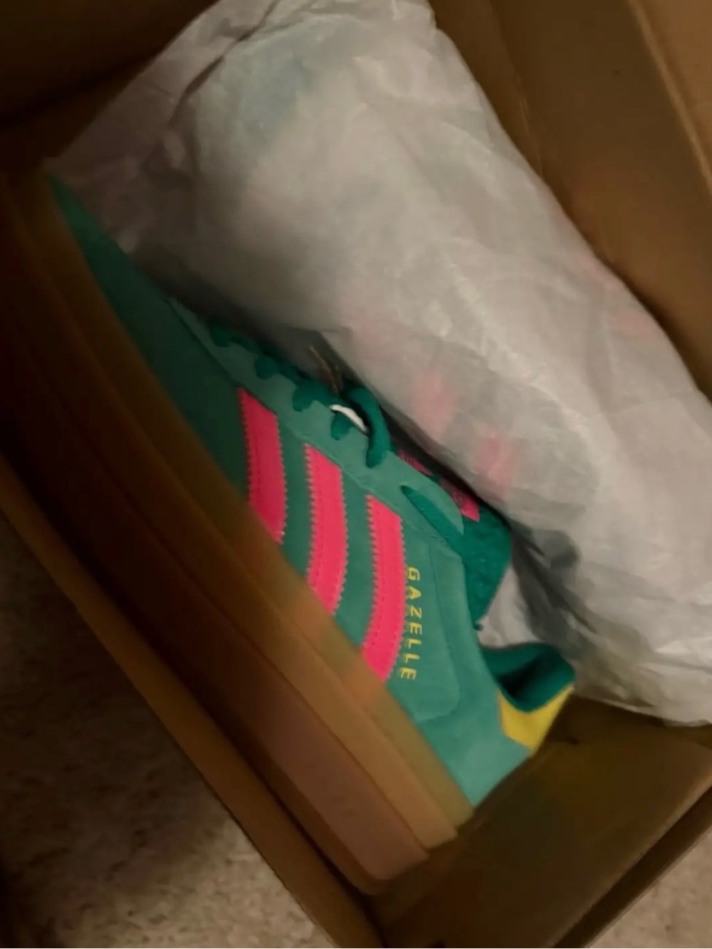 adidas Green Suede Sneakers with Pink Stripes and Yellow Heel - Picture 3 of 3